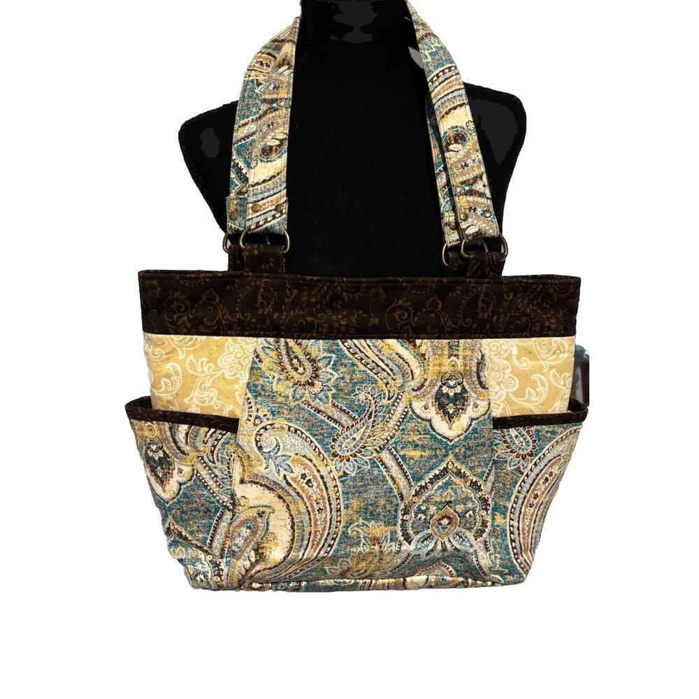Tapestry Quilted Paisley Purse Travel Tote‎ Bag Unique Teal Browns Artsy granny